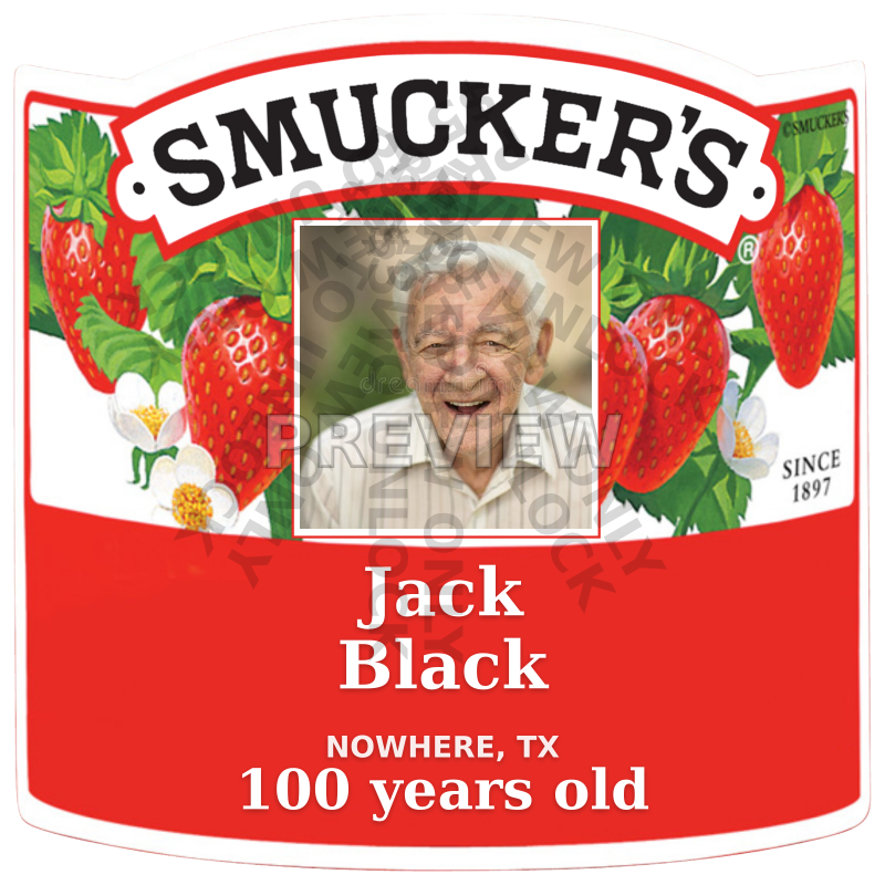 Custom Smucker's-style strawberry preserve label with Jack Black